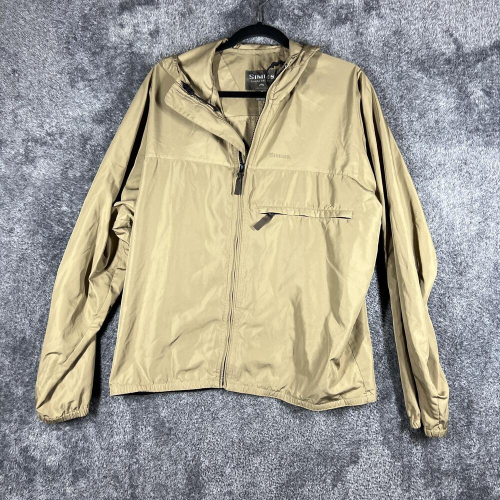 Simms Jacket Mens M Beige Windbreaker Hooded Lightweight Lined Polyester Outdoor